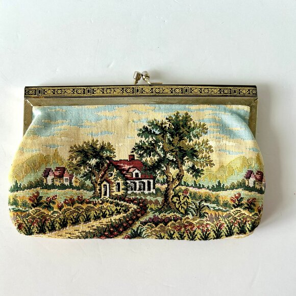 Vintage Needlepoint Purse with Metal Kiss-lock Opening, Countryside Scene, EC - Picture 2 of 9